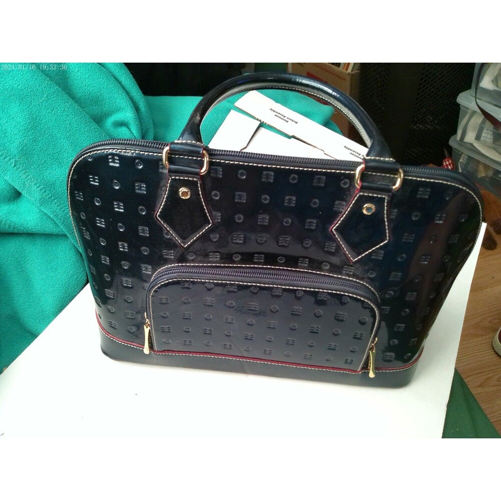 Arcadia Blue Patent Leather VTG Bowling Bag Embossed Design Double Handle